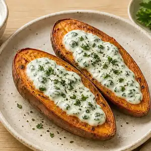 Batat faszerowany tofu i szpinakiem